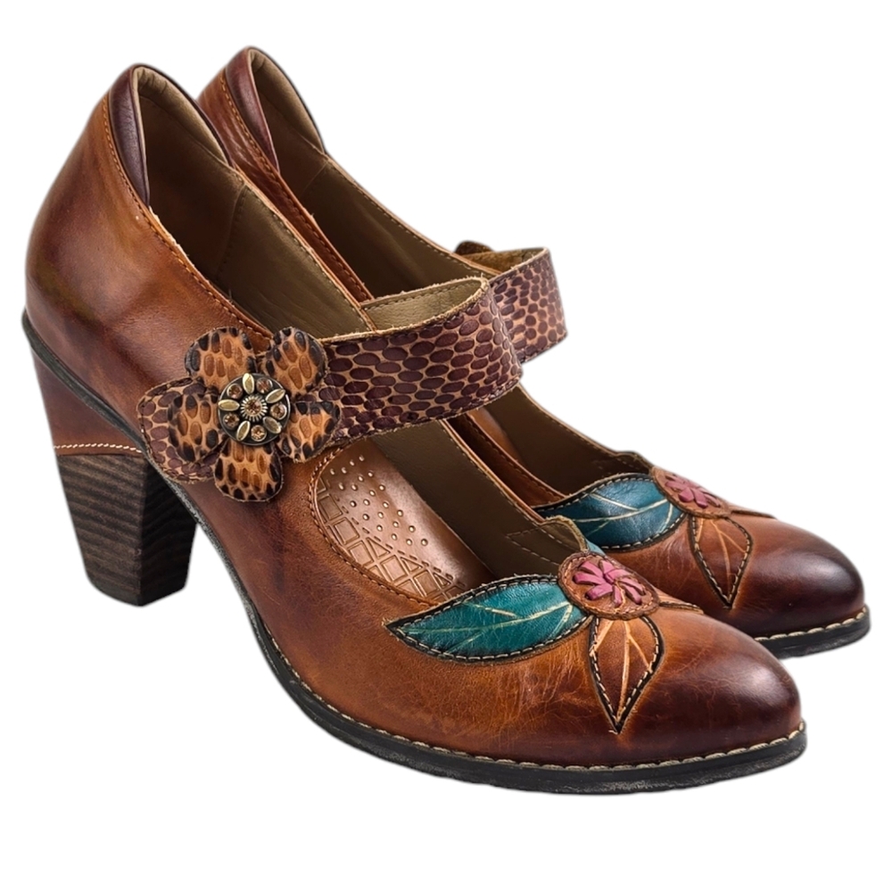 Elite by Corky's  Women's Size 7 Wild Flower Painted/Tooled Leather Heels - Picture 2 of 13